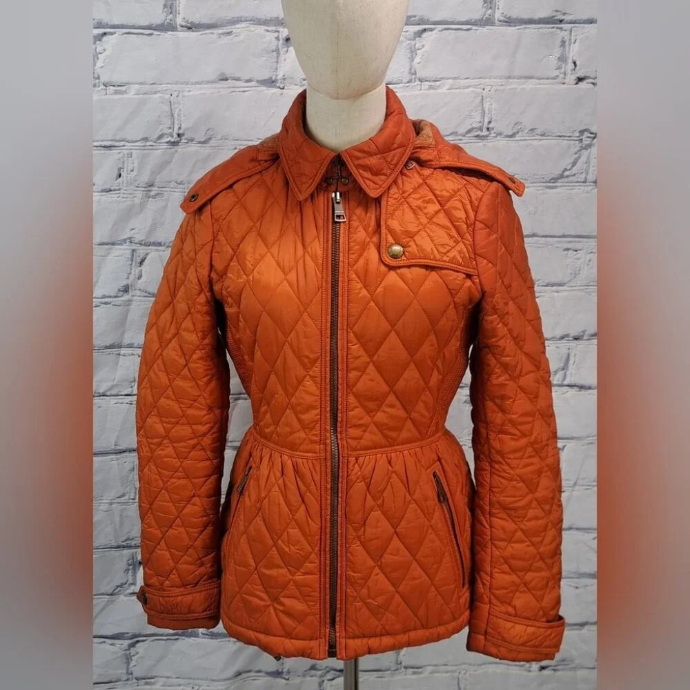 Burberry Women's Diamond Quilted Jacket with Hoodie Orange Sz Small